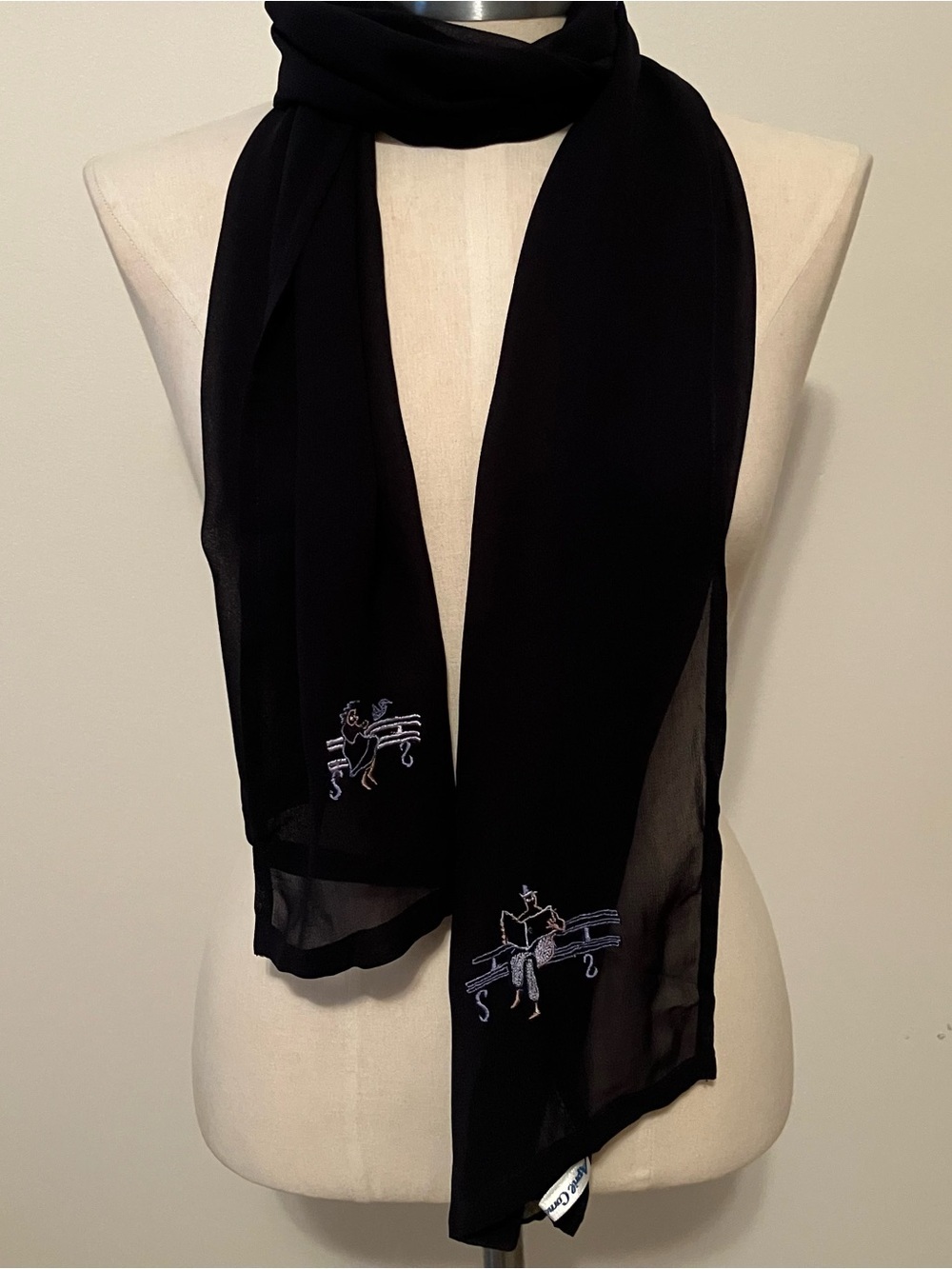 VTG April Cornell Navy Rayon Embroidered Park Bench Bird Scarf Boho Cottage